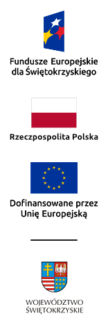 Logo Funduszy Europejskich z napisem Fundusze Europejskie dla Świętokrzyskiego, flaga Polski z napisem Rzeczpospolita Polska, Logo Unii Europejskiej z napisem Dofinansowane przez Unię Europejską i herb Województwa Świętokrzyskiego